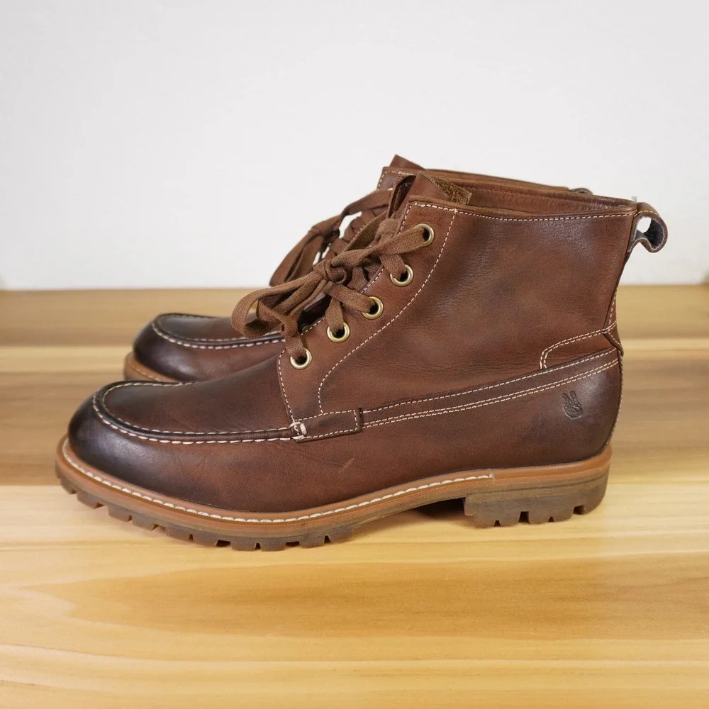 John Varvatos Moc Toe Boots Mens 11 Brown Leather Lug Sole Lace Up